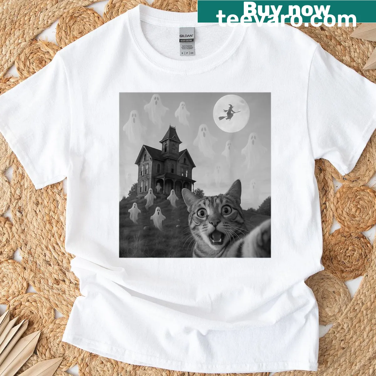 Funny Halloween cat selfie graphic on a spooky T-shirt — on a men's t-shirt