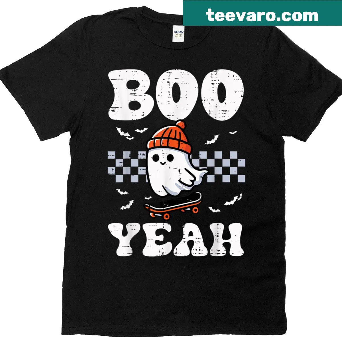 Ghost on a skateboard with Boo Yeah text for Halloween — on a men's t-shirt