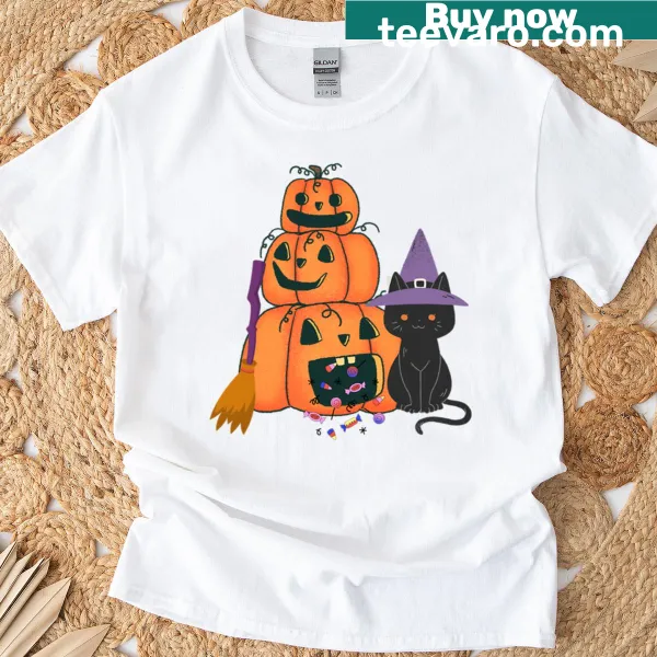 T-shirt with pumpkin stack, black cat, and candy-themed moon design
