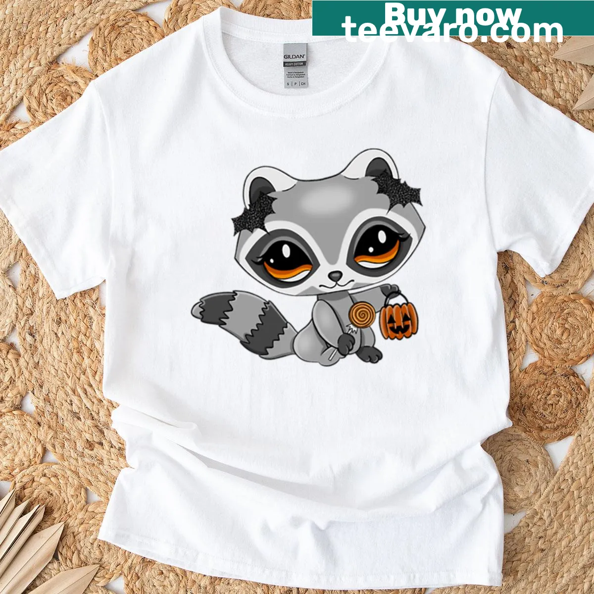 Cartoon raccoon in Halloween costume on a T-shirt — on a men's t-shirt