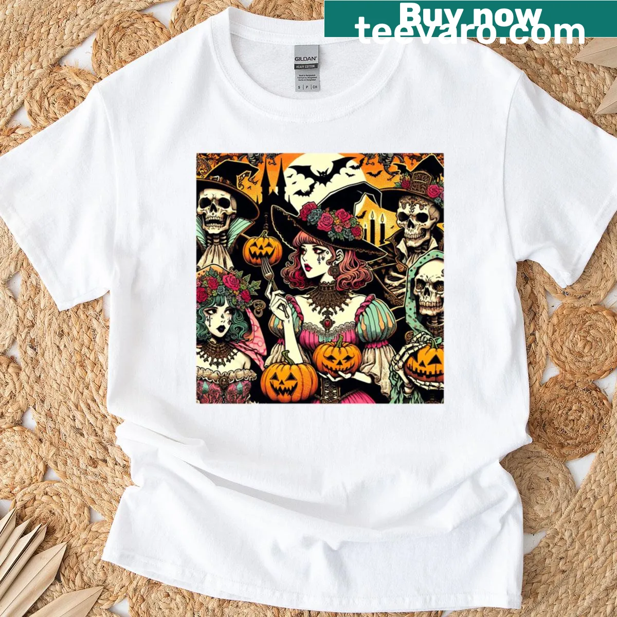 Illustration of skeletons and witches in a fun Halloween design. — on a men's t-shirt