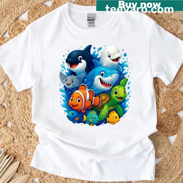 Kids T-shirt with happy ocean wildlife illustration