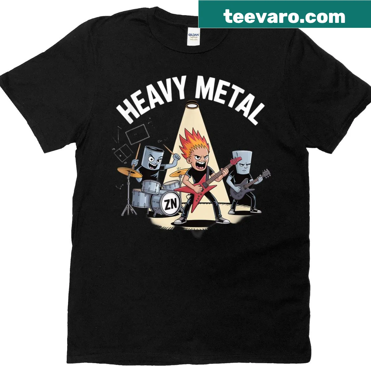 Cartoon elements band t-shirt featuring a zinc pun — on a men's t-shirt