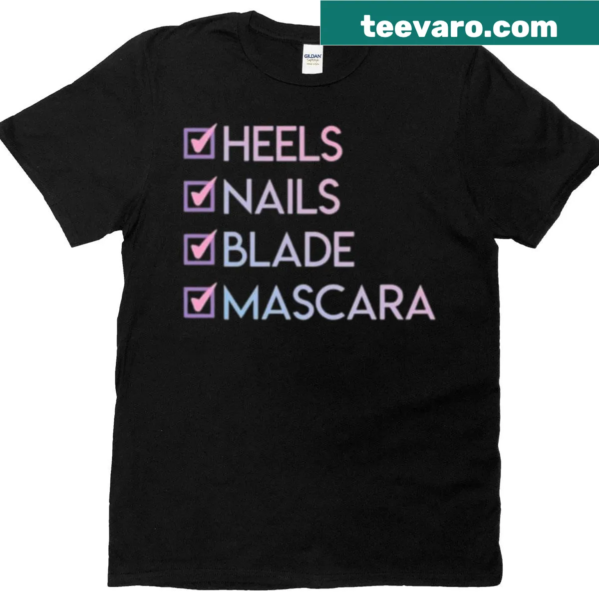 Empowering design featuring heels, nails, and mascara on a t-shirt. — on a men's t-shirt