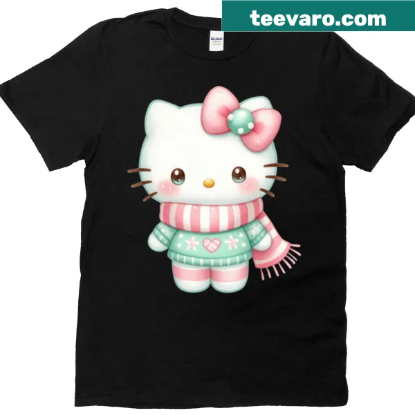 Cute winter-themed t-shirt with cartoon kitty design.