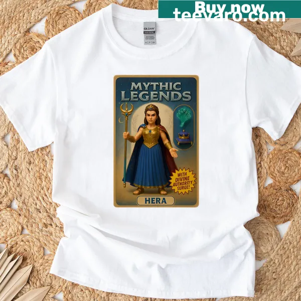 Illustrated trading card design featuring Hera, the goddess, in retro style