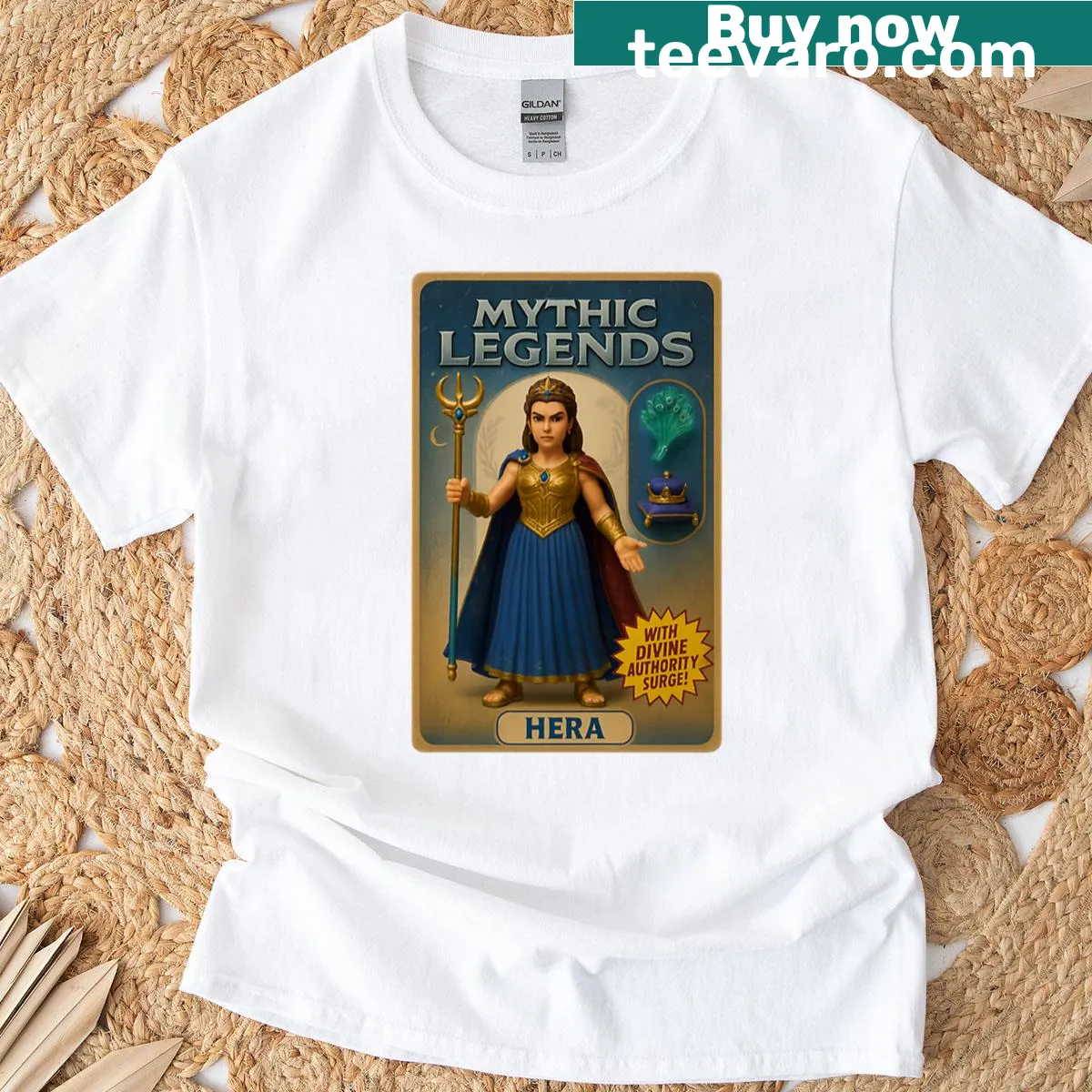 Illustrated trading card design featuring Hera, the goddess, in retro style — on a men's t-shirt