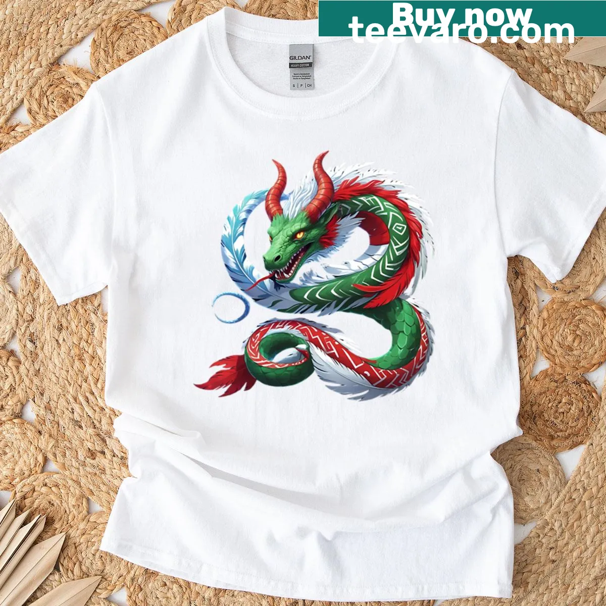 Mythical horned serpent illustration t-shirt — on a men's t-shirt