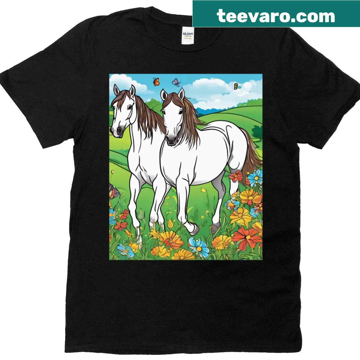 Illustration of horses in a meadow on a T-shirt for equine lovers — on a men's t-shirt