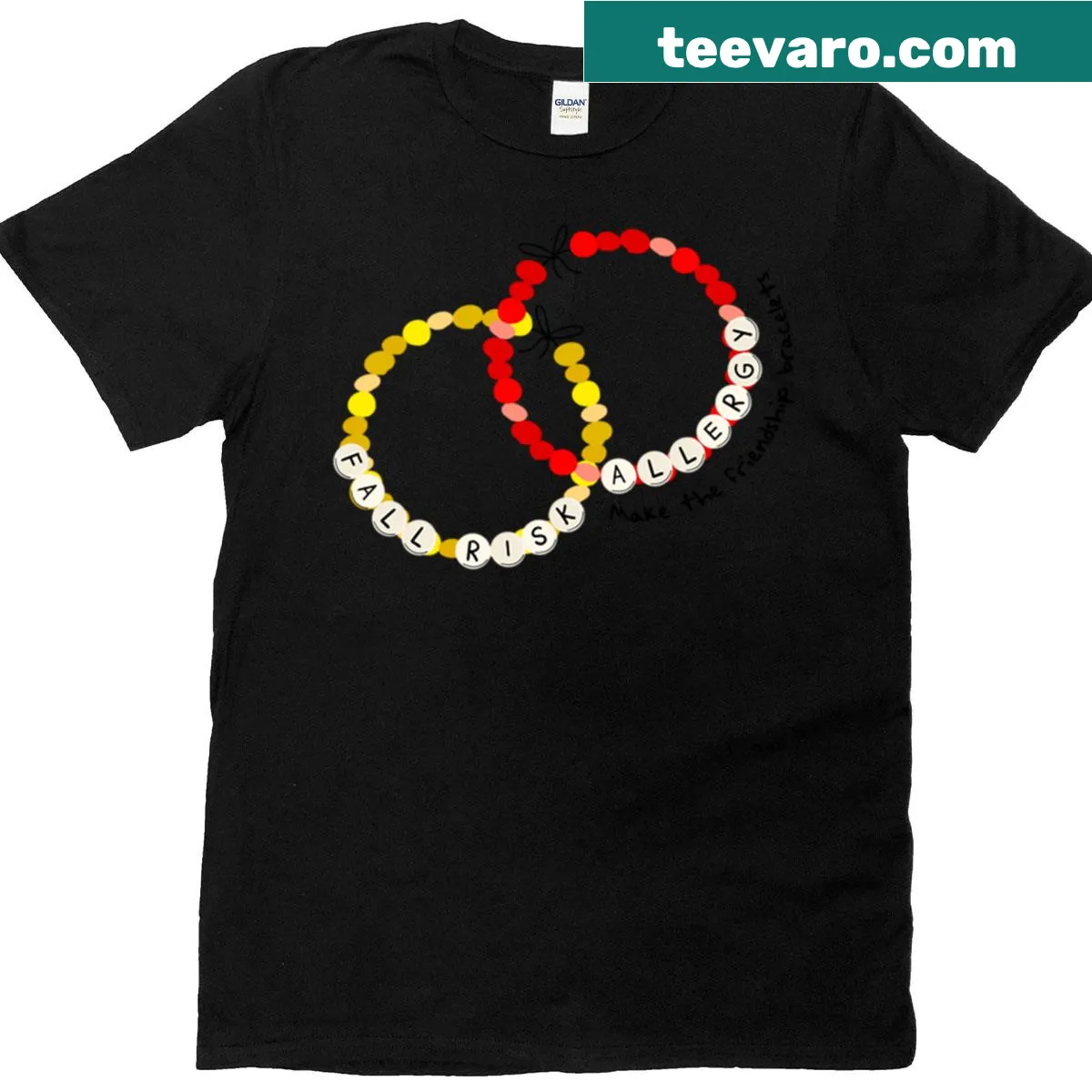 T-shirt featuring playful graphics of friendship bracelets — on a men's t-shirt