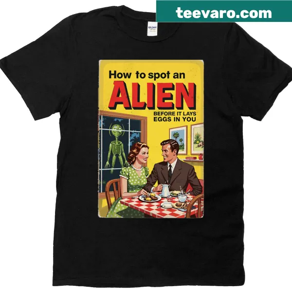 Vintage retro sci-fi book cover t-shirt featuring playful aliens