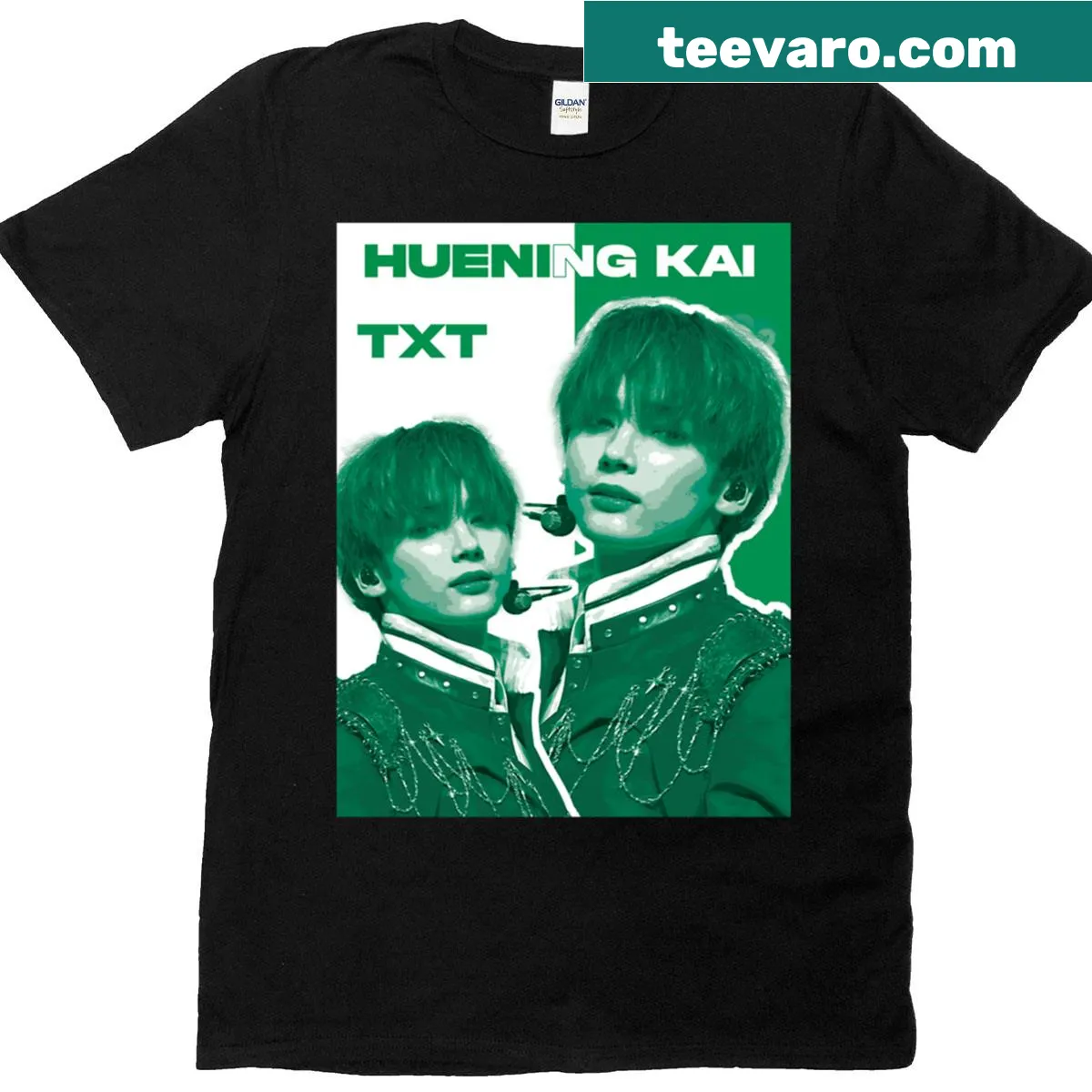 T-shirt featuring text dedicated to Huening Kai from TXT — on a men's t-shirt