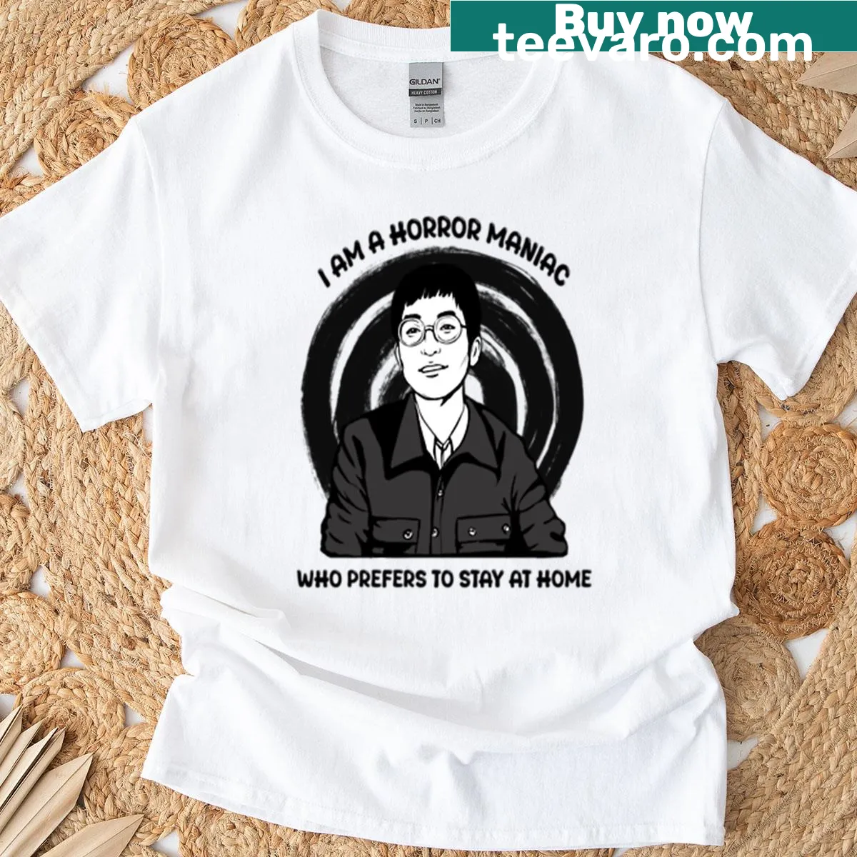 Junji Ito horror-themed T-shirt with bold text. — on a men's t-shirt
