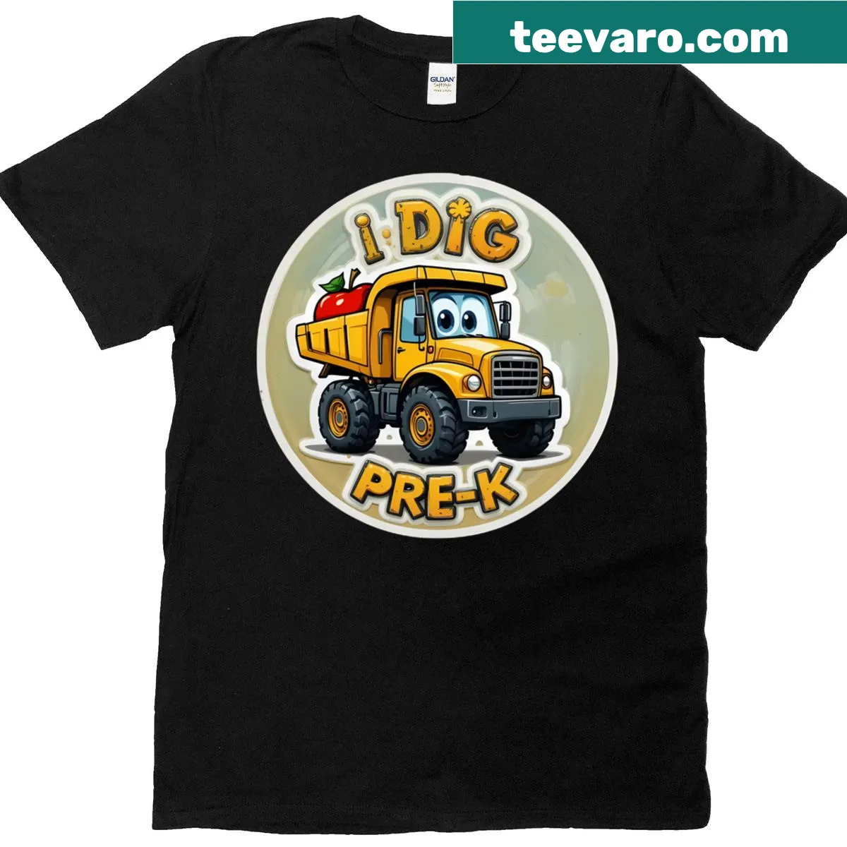 Cartoon truck T-shirt with the phrase 'I Dig Pre-k' for kids. — on a men's t-shirt