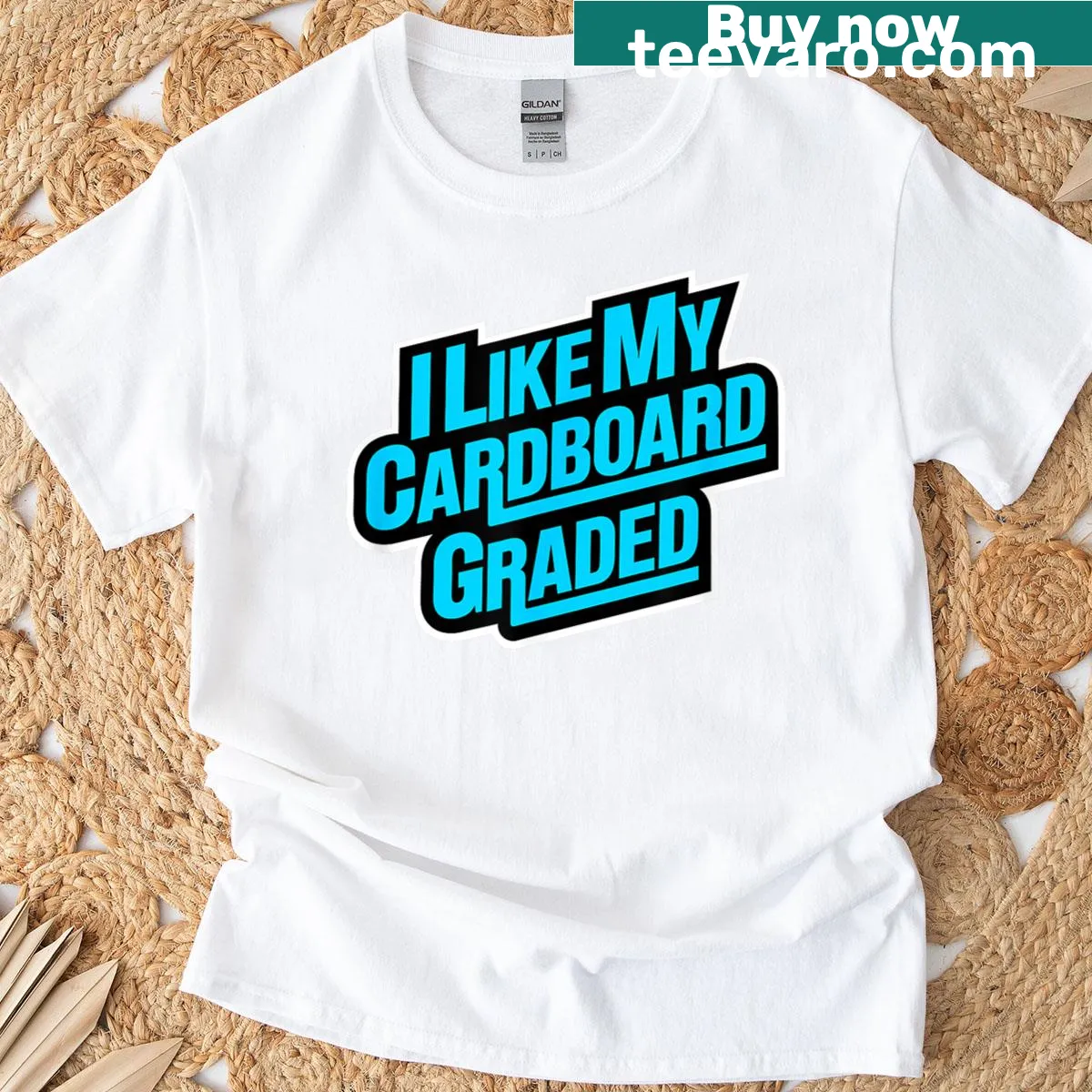 Illustrative graphic of a graded baseball card on a collector t-shirt — on a men's t-shirt