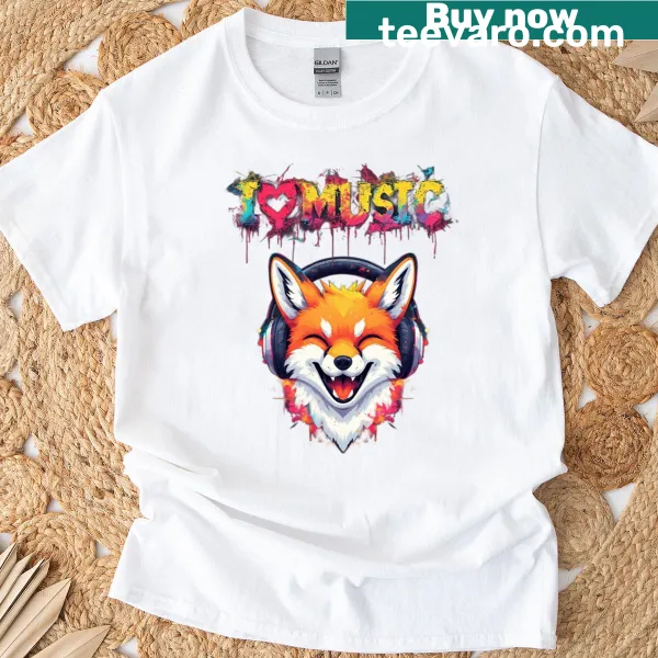 Whimsical fox design t-shirt celebrating music.