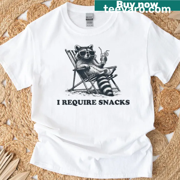 Funny raccoon t-shirt with 'I Require Snacks' text