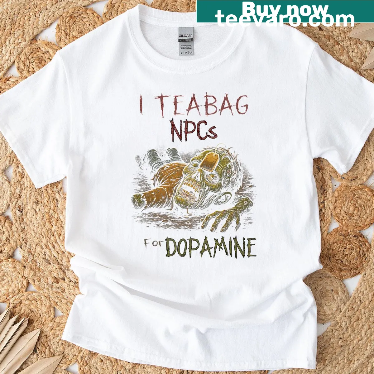Funny gaming t-shirt with 'I Teabag Npcs For Dopamine' text — on a men's t-shirt