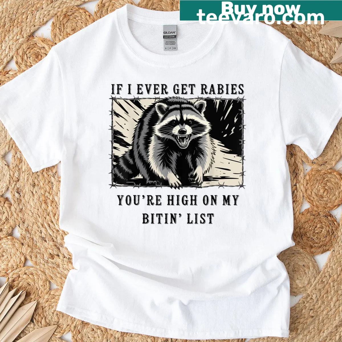 Vintage t-shirt with a sarcastic quote about rabies and biting priorities — on a men's t-shirt