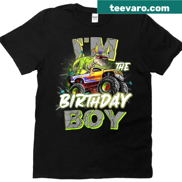 Birthday T-shirt for boys featuring a monster truck and dinosaur design.