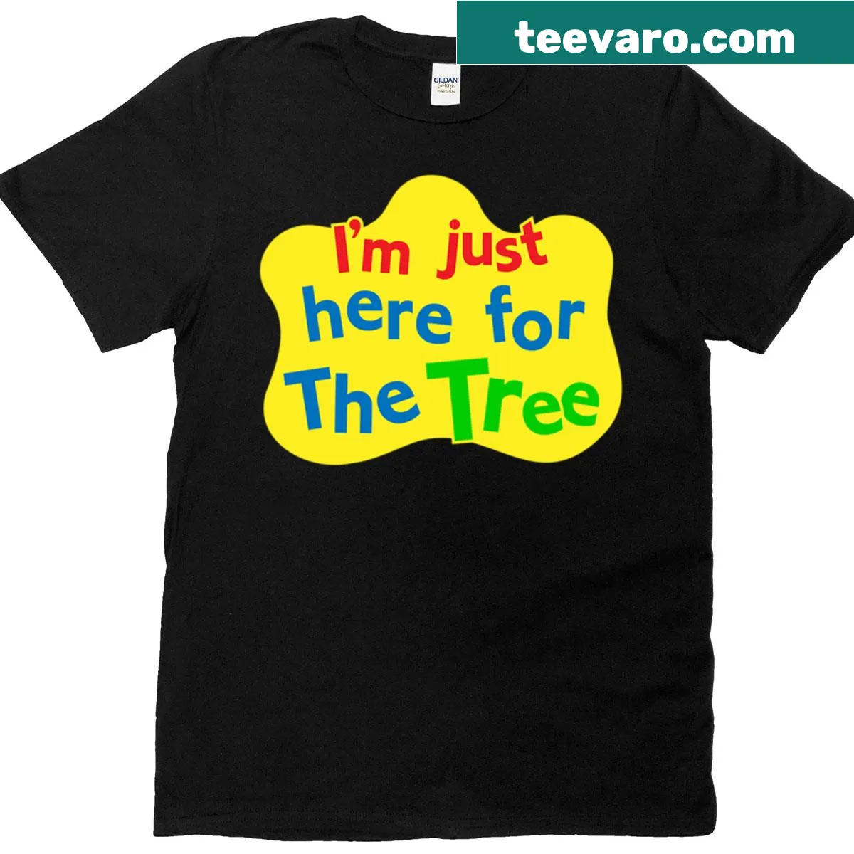 Playful Christmas T-shirt with text about trees — on a men's t-shirt