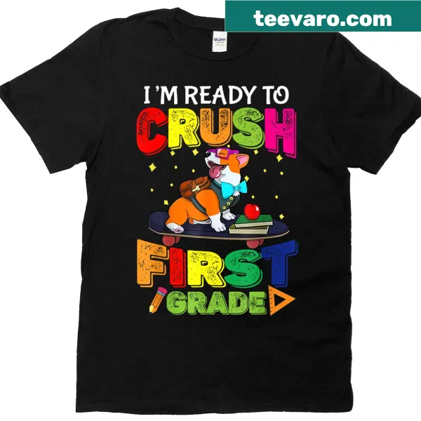 Corgi-themed T-shirt celebrating first grade with a playful design