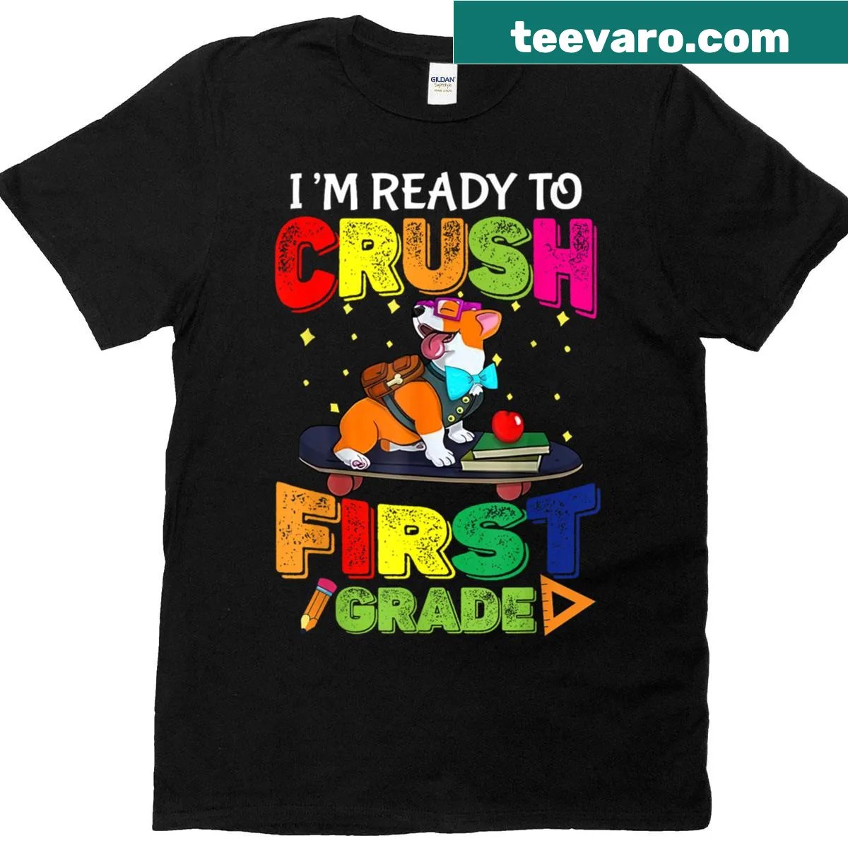 Corgi-themed T-shirt celebrating first grade with a playful design — on a men's t-shirt