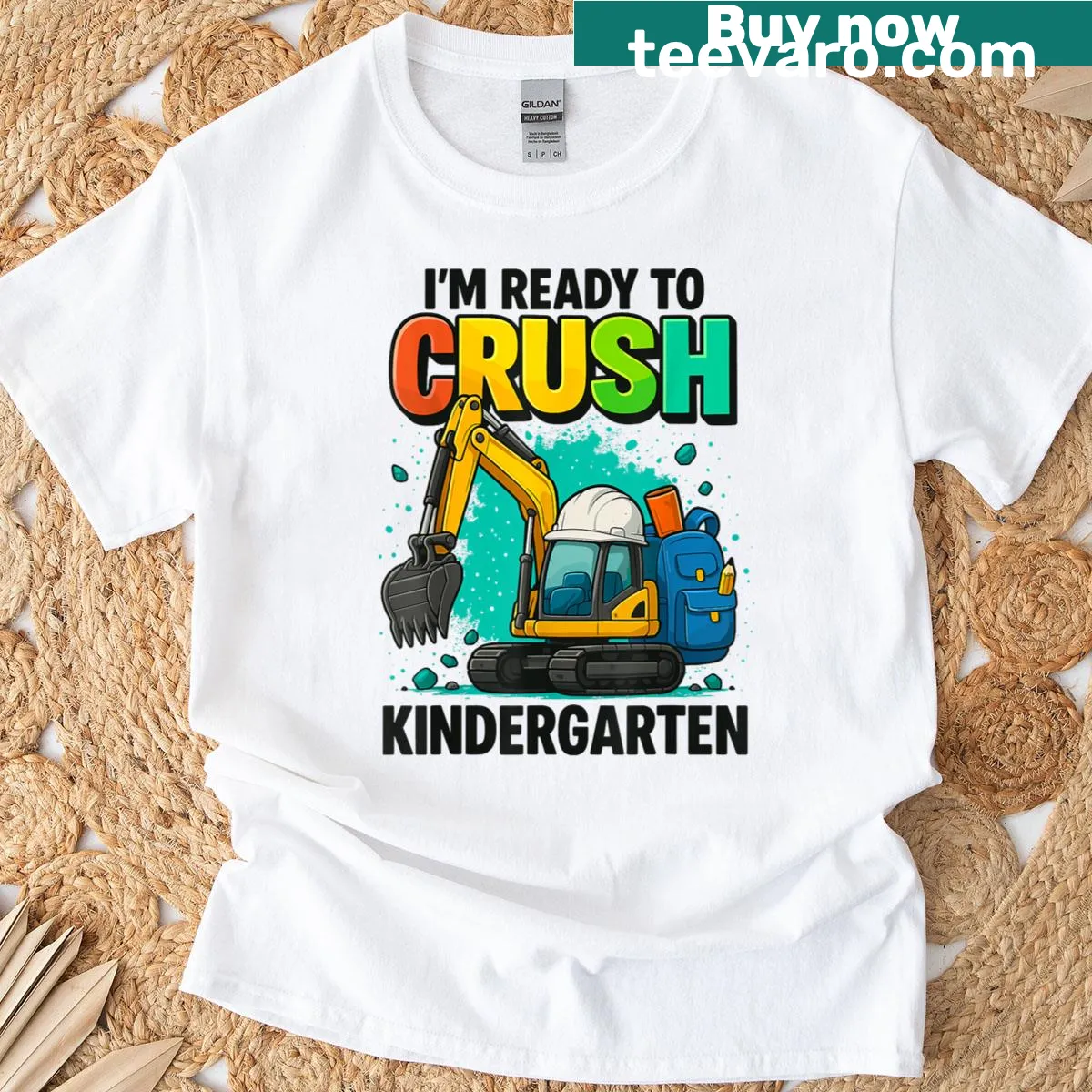 Excavator-themed T-shirt for kindergarten readiness with playful design. — on a men's t-shirt
