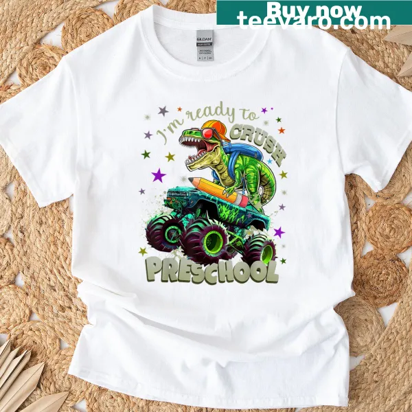 Cute dinosaur-themed T-shirt for preschool readiness with cheerful design.