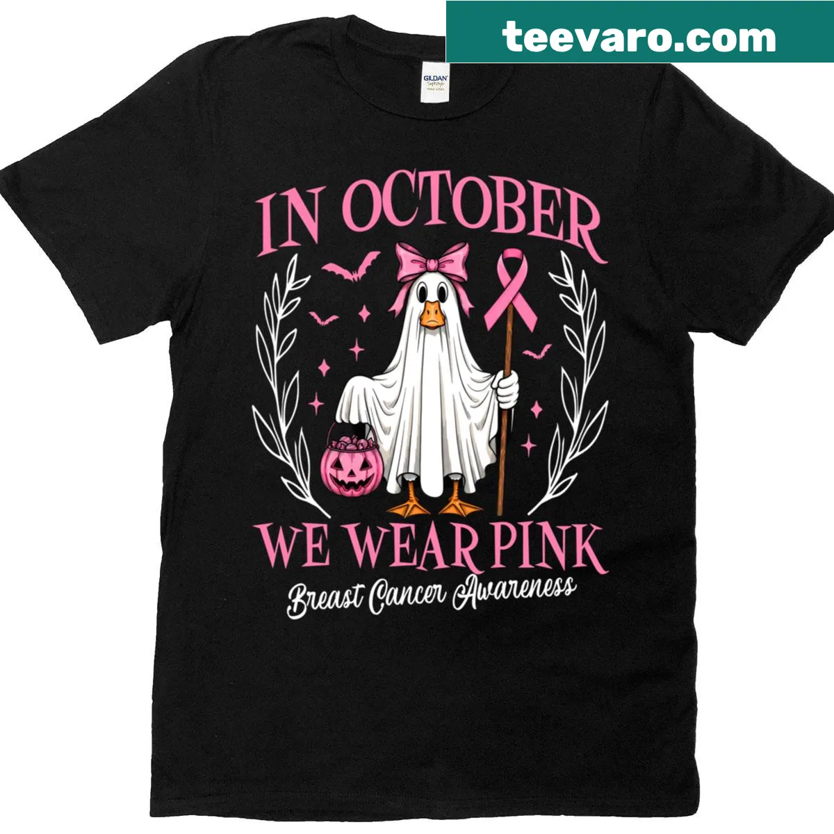 Cartoon ghost goose in pink for Halloween and breast cancer awareness — on a men's t-shirt
