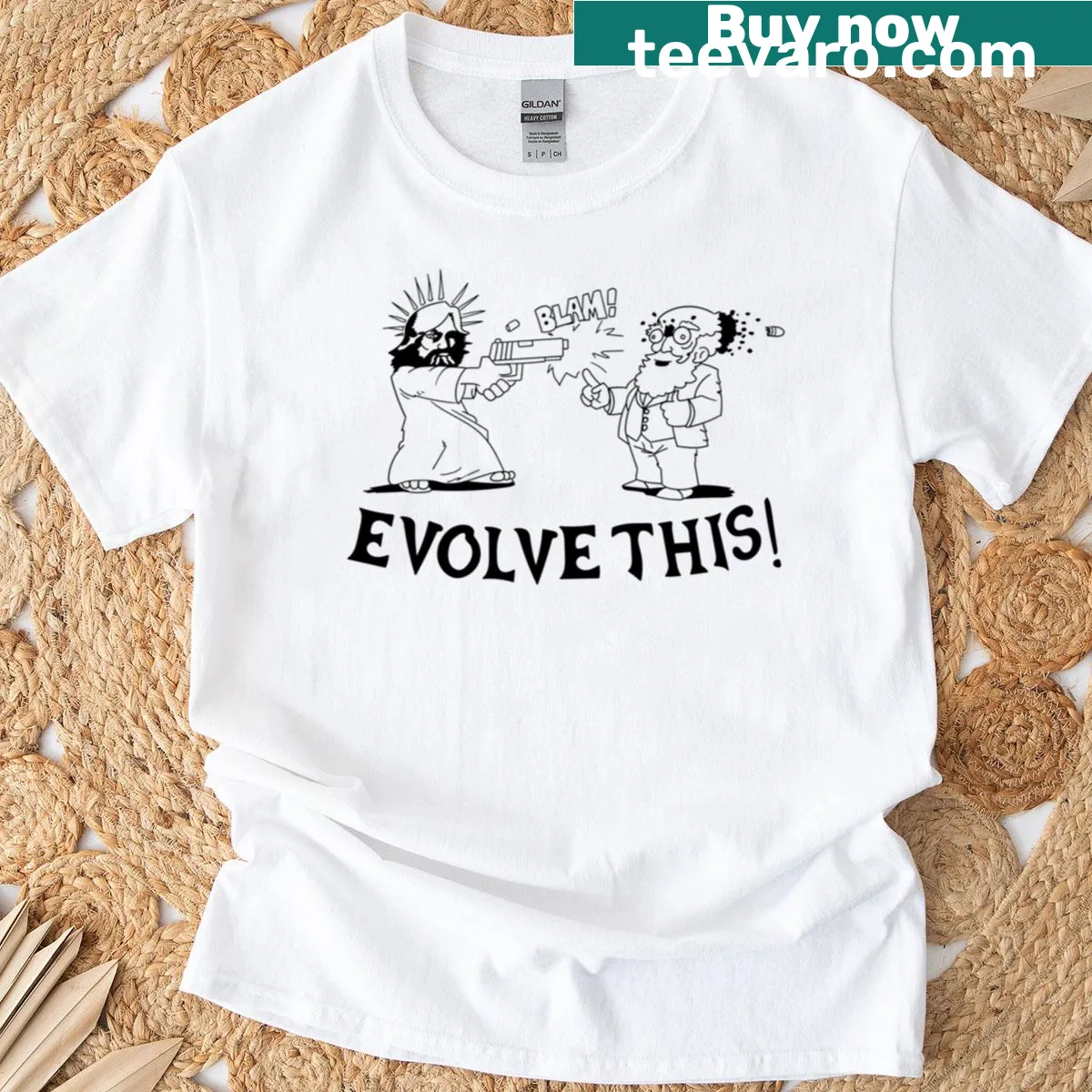 Evolve This T-shirt with Jesus and Darwin imagery — on a men's t-shirt