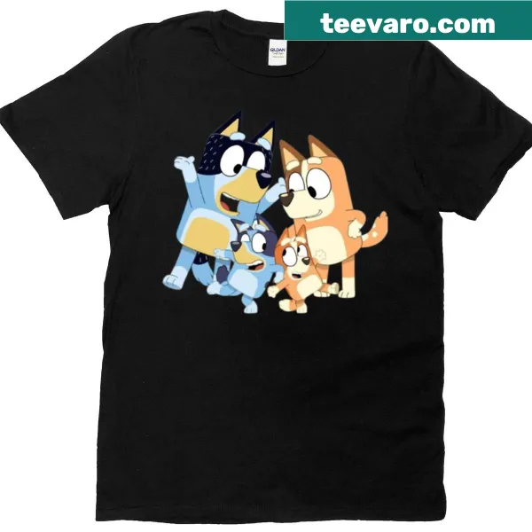 Cartoon-style T-shirt featuring jumping Australian dogs inspired by Bluey