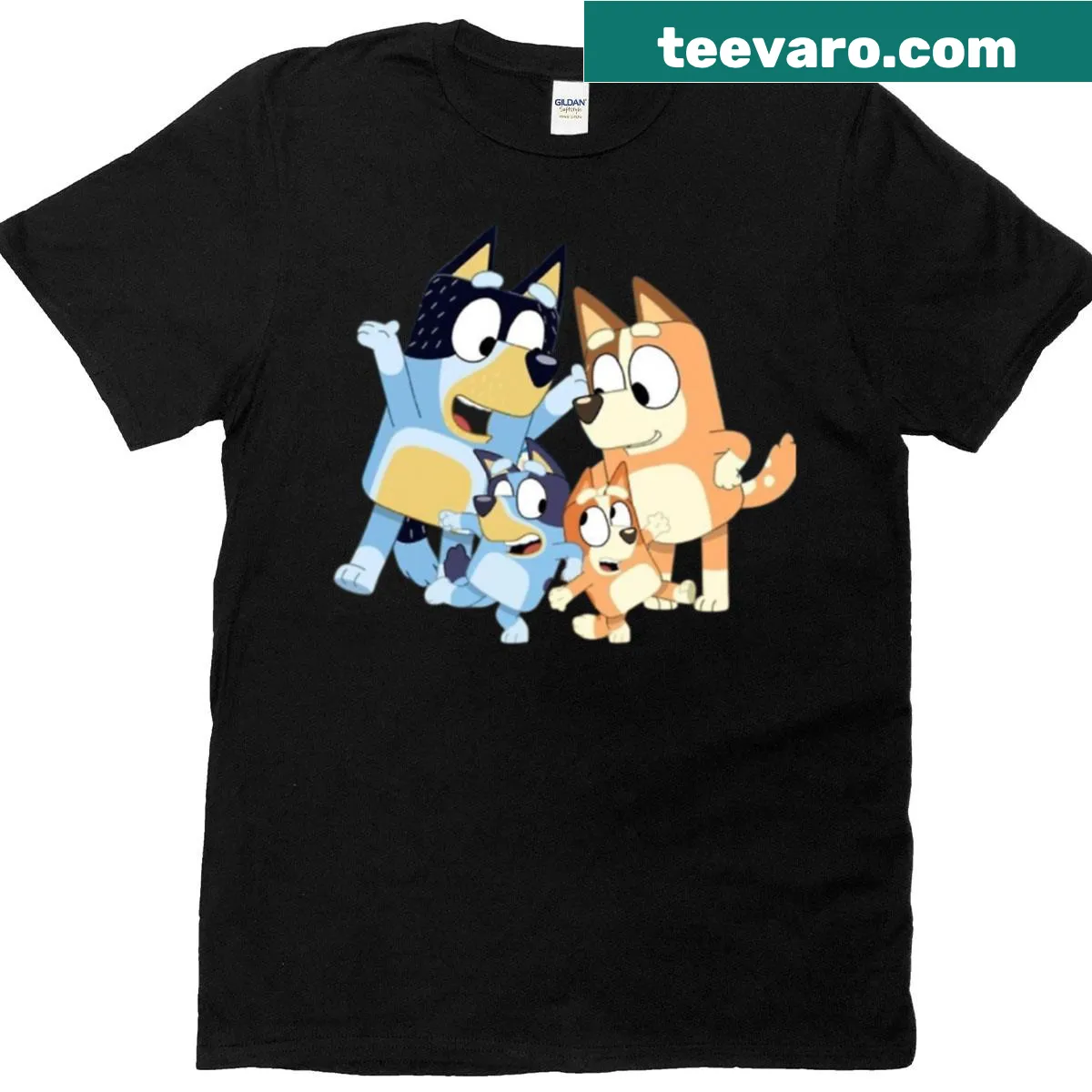 Cartoon-style T-shirt featuring jumping Australian dogs inspired by Bluey — on a men's t-shirt