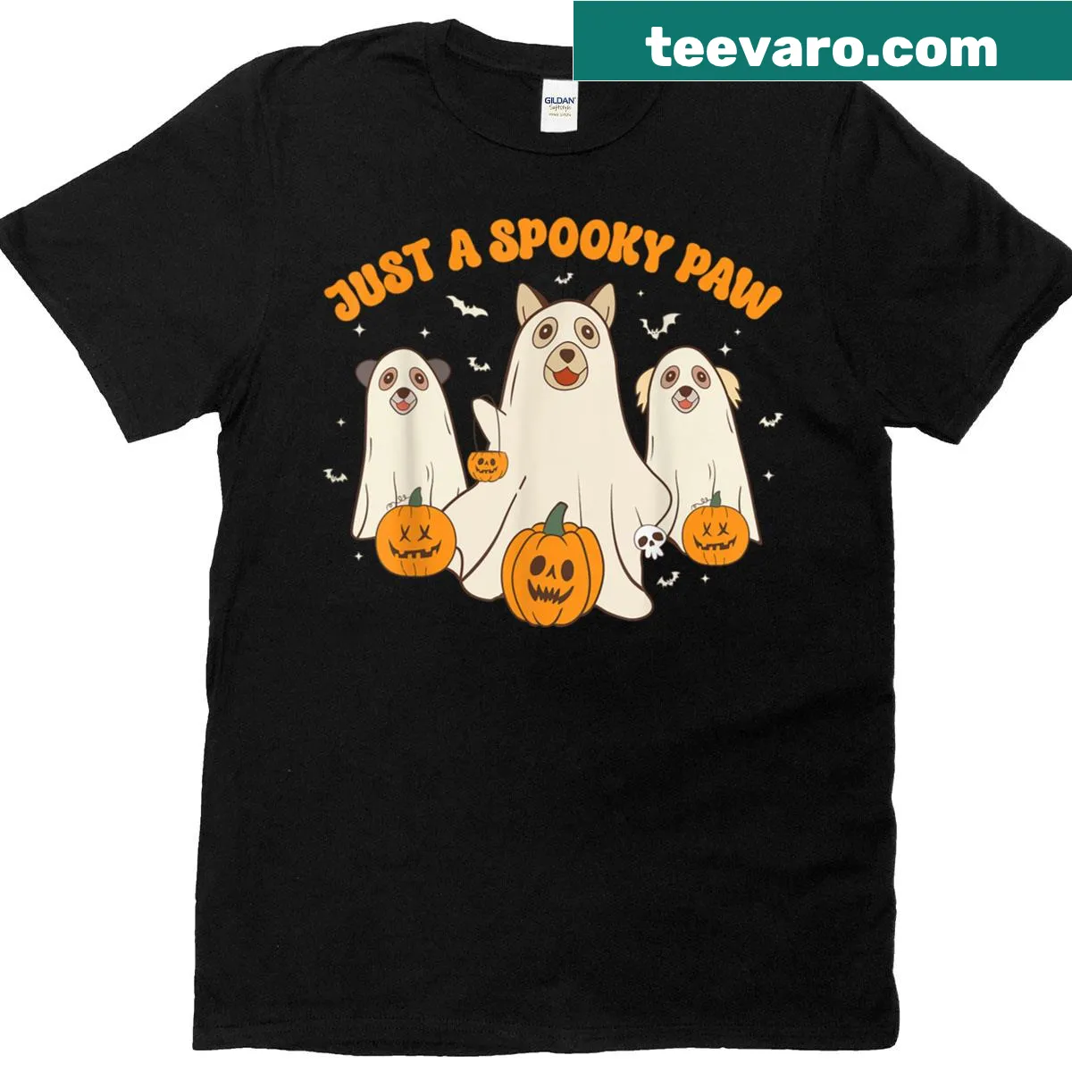 Cute Halloween T-shirt with ghost dogs and text Just A Spooky Paw — on a men's t-shirt