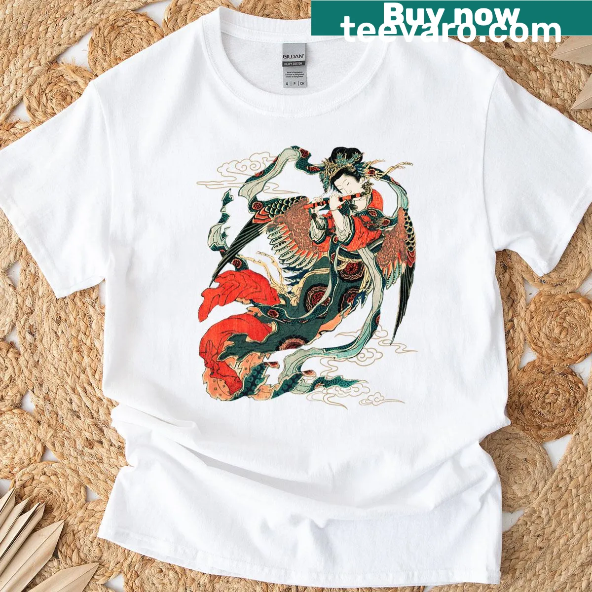 T-shirt depicting Katsushika Hokusai's Karyobinga artwork — on a men's t-shirt