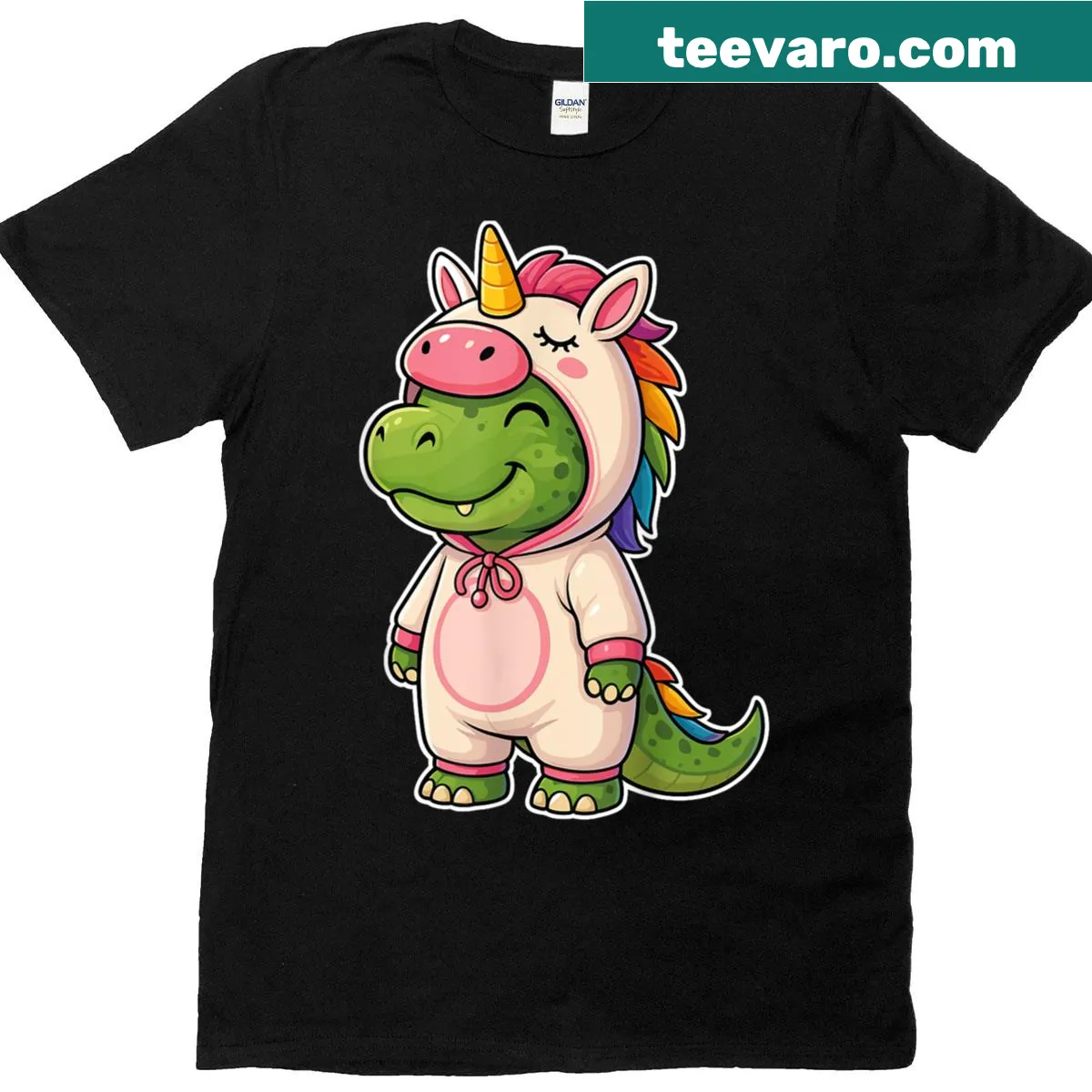 Cute kids t-shirt featuring a dinosaur in a unicorn costume. — on a men's t-shirt
