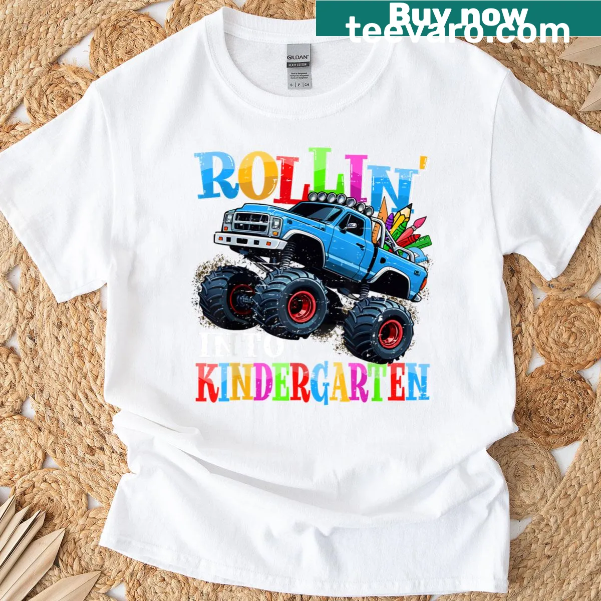 Cartoon monster truck graphic on a kids' T-shirt — on a men's t-shirt