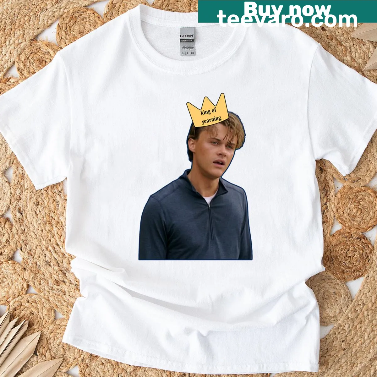 Playful typography t-shirt featuring 'King Of Yearning' phrase — on a men's t-shirt