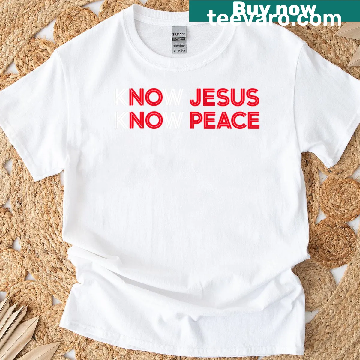 Inspirational typography t-shirt with 'Know Jesus, Know Peace' text — on a men's t-shirt