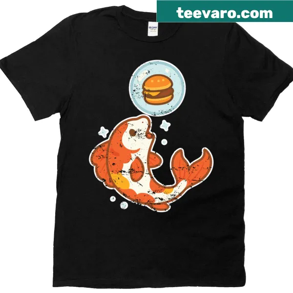 Cartoon graphic of a burger with koi fish on a T-shirt