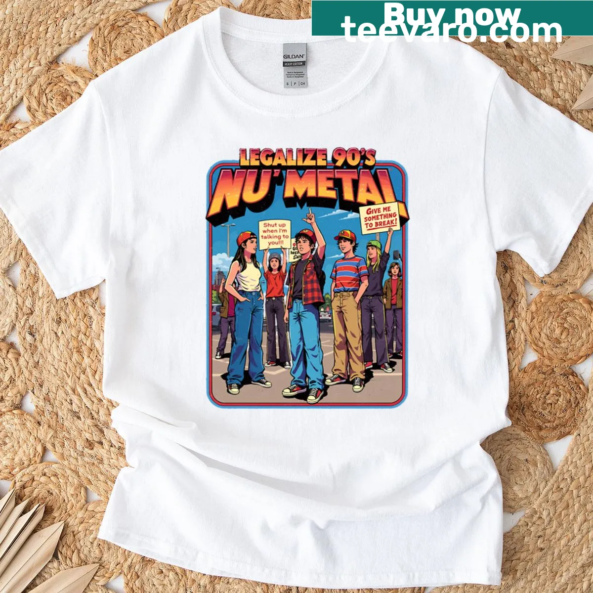 Funny retro protest design t-shirt advocating for 90s nu metal — on a men's t-shirt