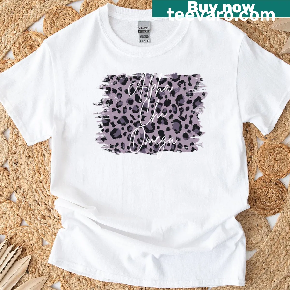 Leopard print t-shirt featuring Alpha Chi Omega logo — on a men's t-shirt