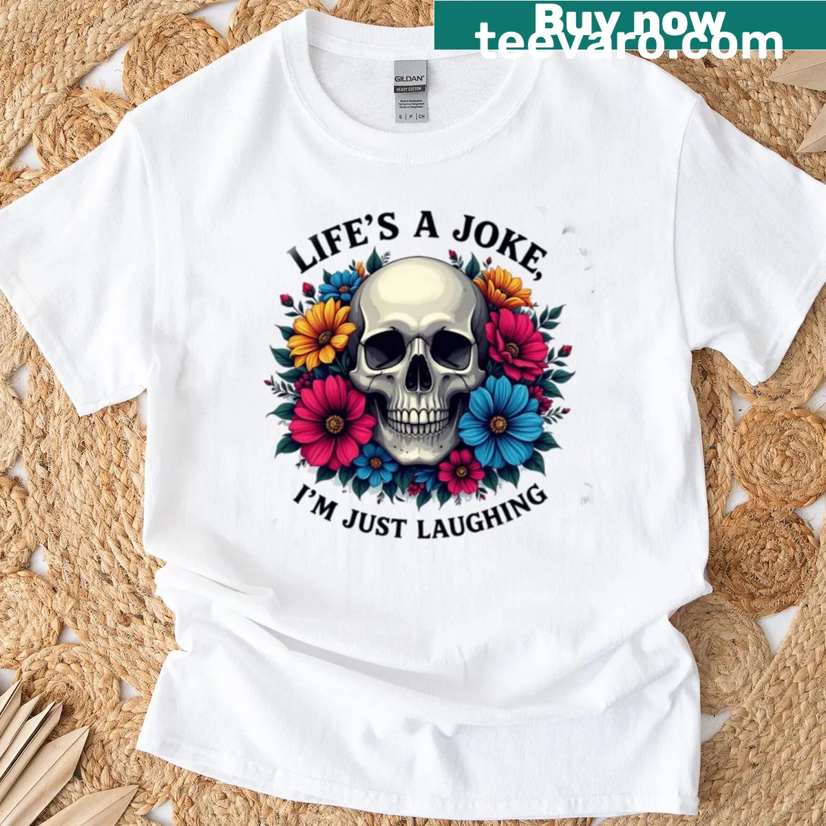 Cute skull graphic t-shirt with flowers and humorous saying — on a men's t-shirt