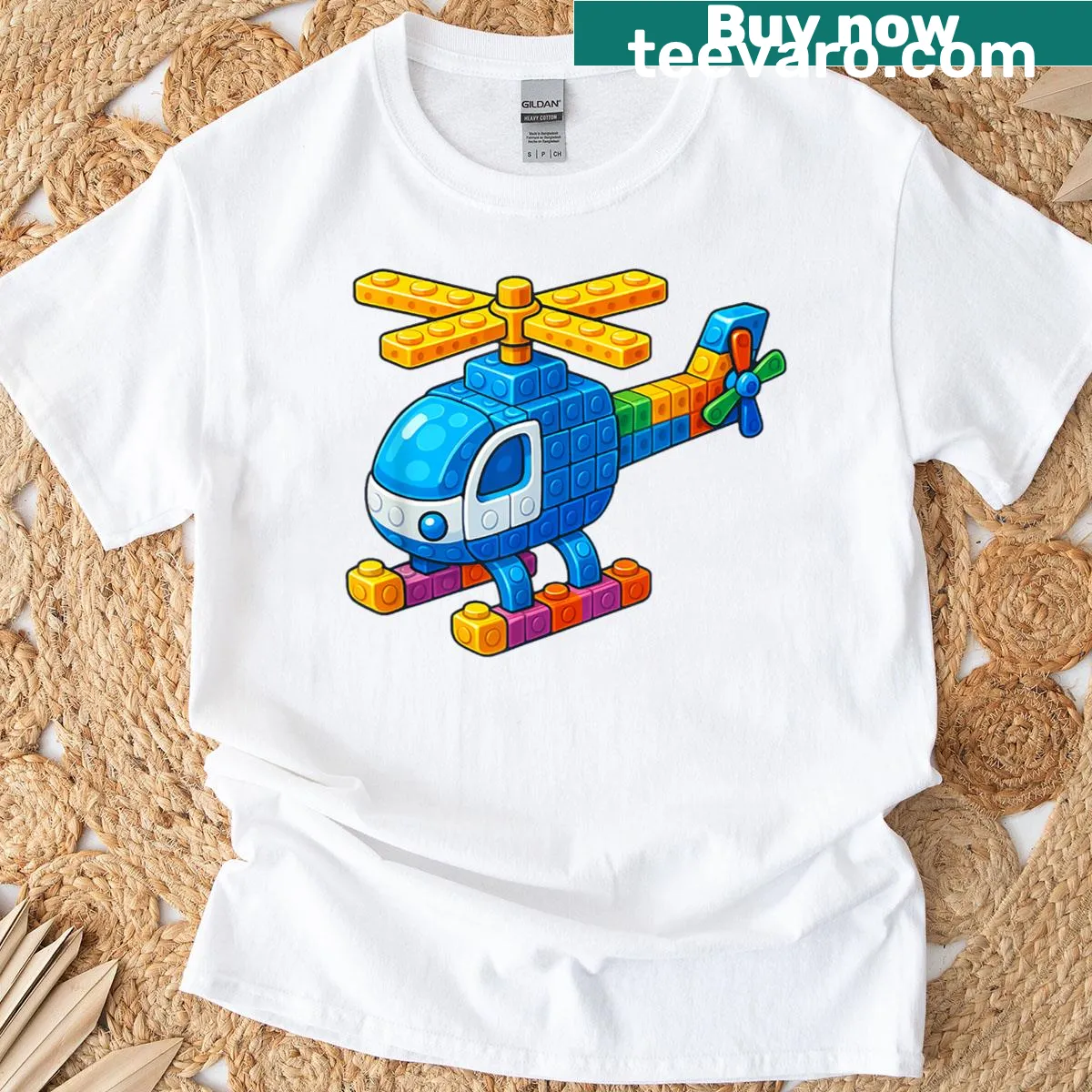Kids T-shirt with a cartoon helicopter building blocks design — on a men's t-shirt