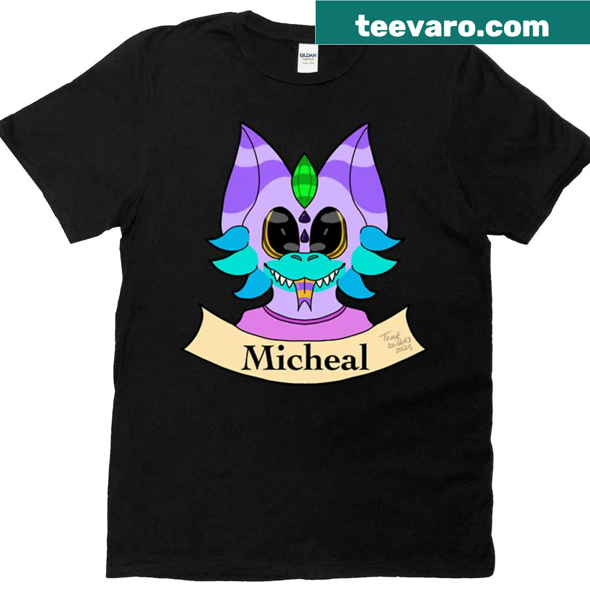 Cartoon dinosaur T-shirt featuring Micheal with aqua details — on a men's t-shirt