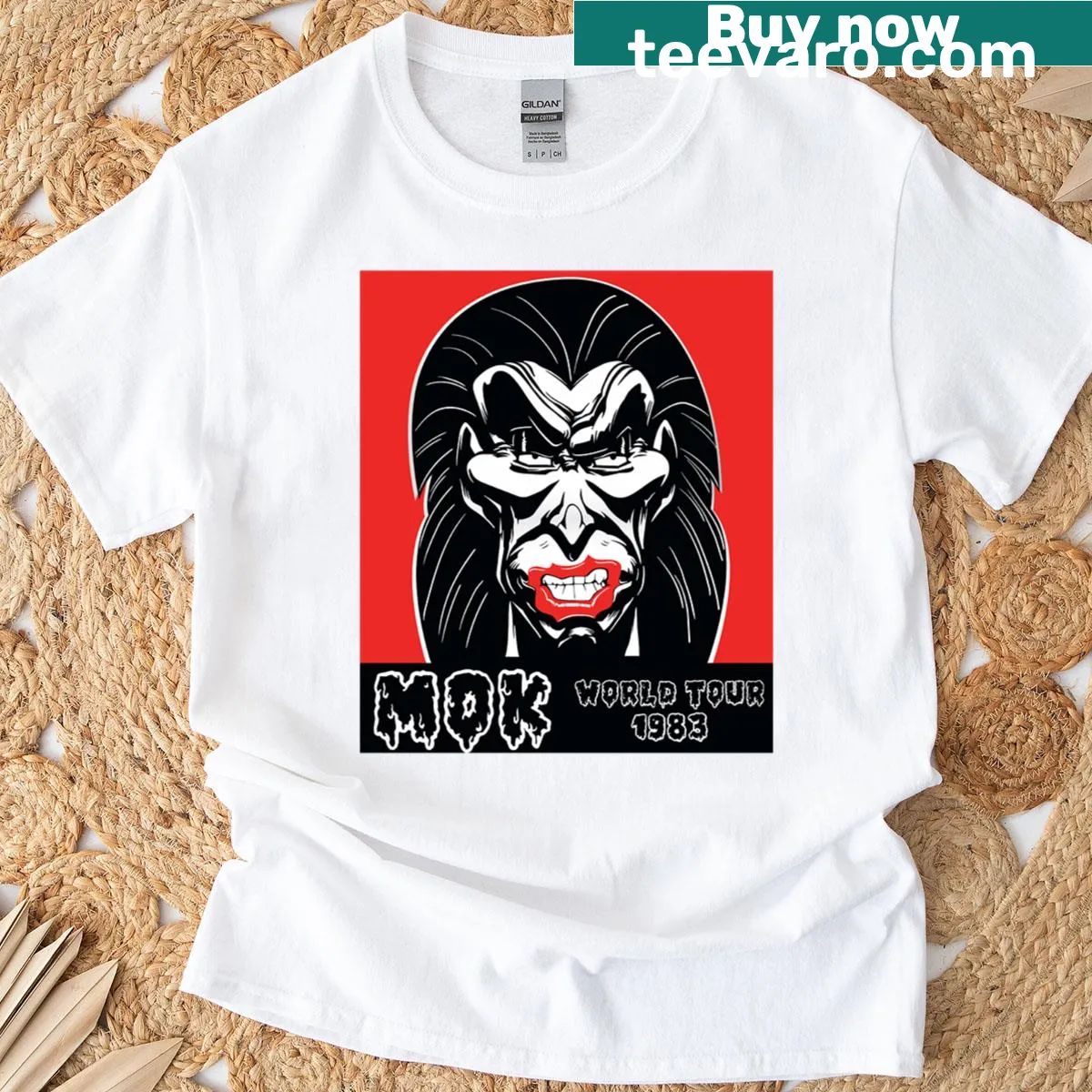Vintage-style T-shirt featuring Mok World Tour 1983 graphic — on a men's t-shirt
