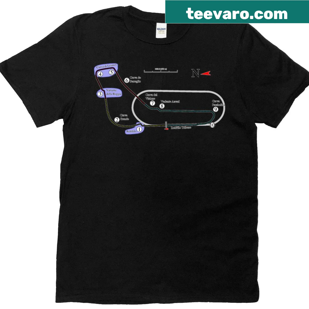 Black print T-shirt featuring Monza F1 track map illustration — on a men's t-shirt
