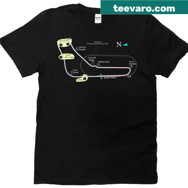 Illustration of Monza F1 track map design on a T-shirt