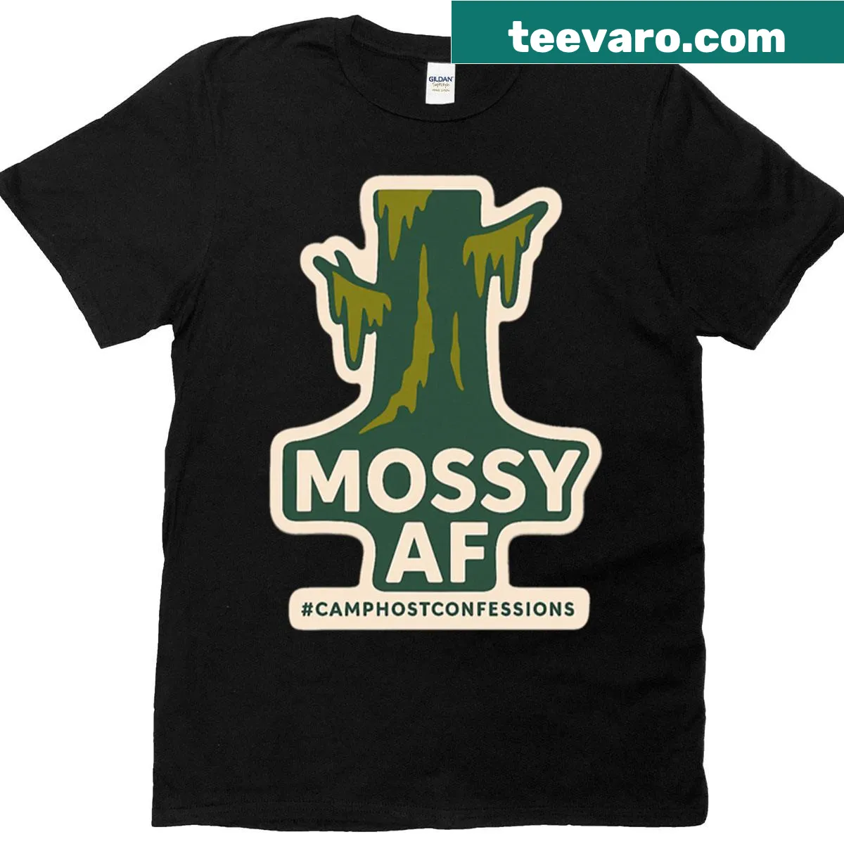 Sticker design inspired by Pacific Northwest mossy forests — on a men's t-shirt