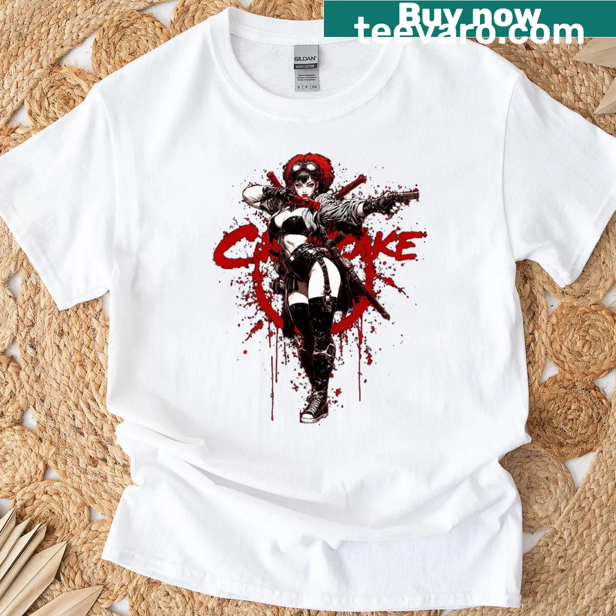 Illustrated t-shirt featuring a femme fatale character named Mrs. Bullet — on a men's t-shirt